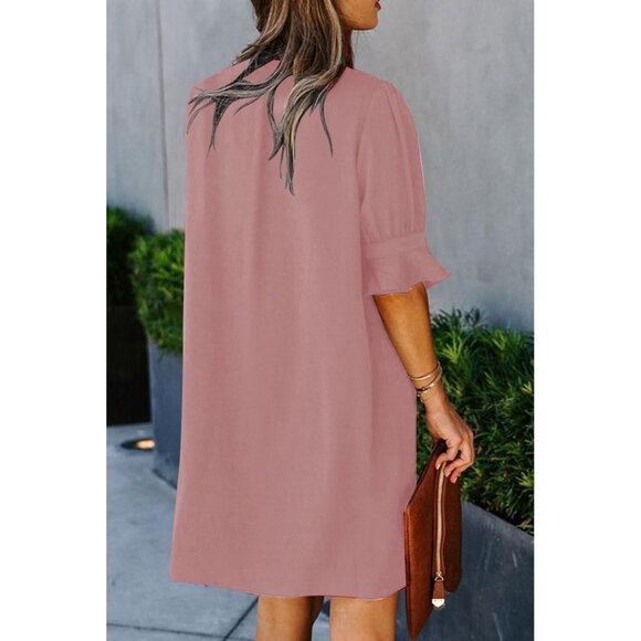 Women Dusty Pink Polyester V-Neck Loose Fit Short Sleeve Knee Length Shift Dress - Picture 5 of 6
